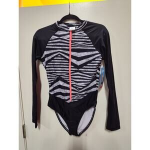 Speedo Women’s Black White Performance One Piece Suite Long Sleeve Swimsuit M